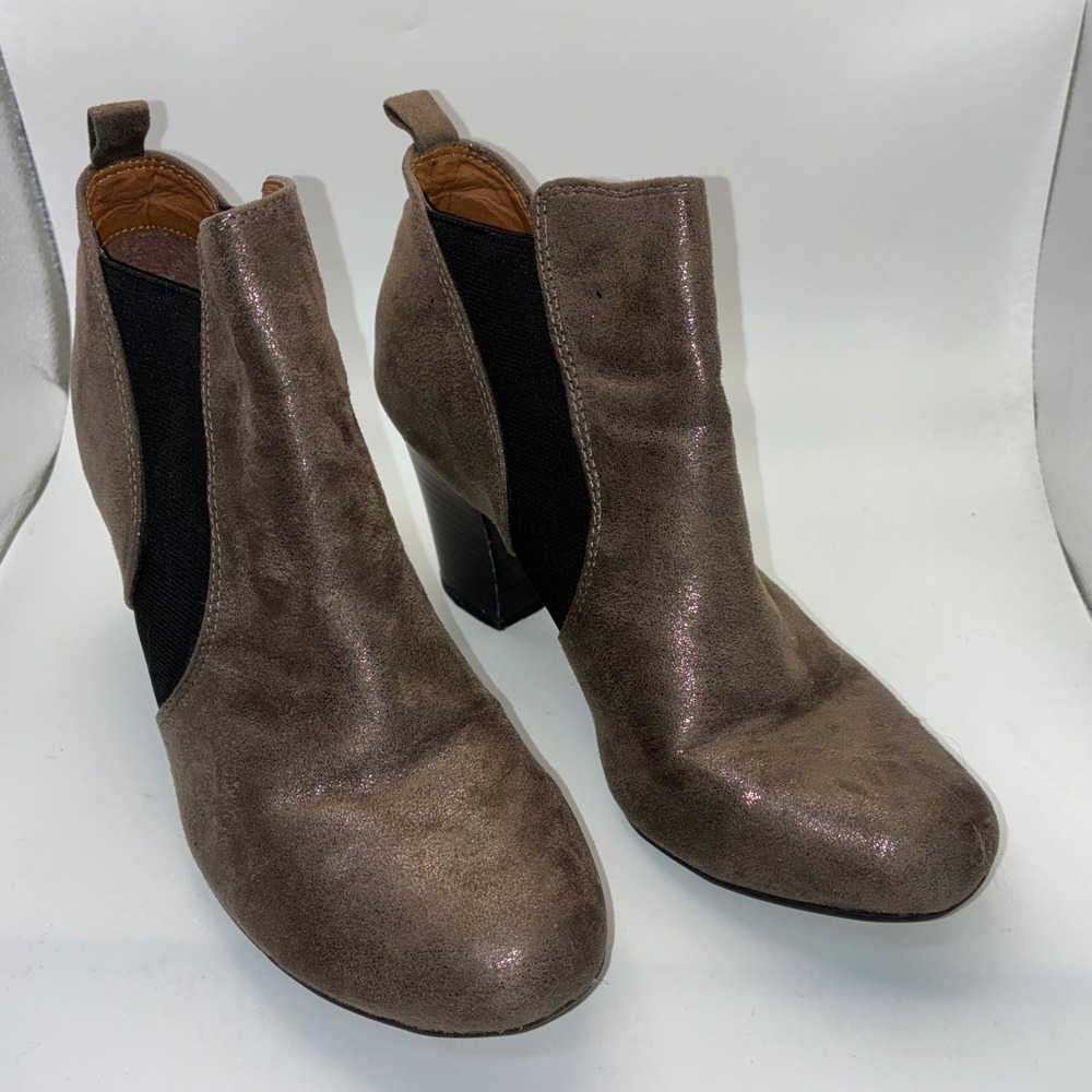 Softee Taupe Shimmer Textile Ankle Boots Block Heel Booties Size 8.5M ES0009090